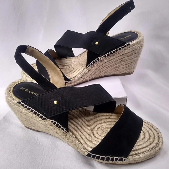 Adrienne Vittadini Black Canvas Espadrille Wedges 3" Heel Slip On Stretch 8.5 - Picture 4 of 9
